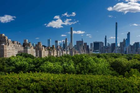 View from the roof of the Metropolitan Museum New York City.  Fifth avenue to the east with 59th street in background and Central Park adding the beautiful green blanket of color.